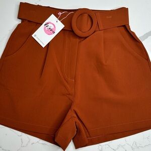 Rust High-Waisted Belted Shorts with Circle Buckle – Sizes S, M & L